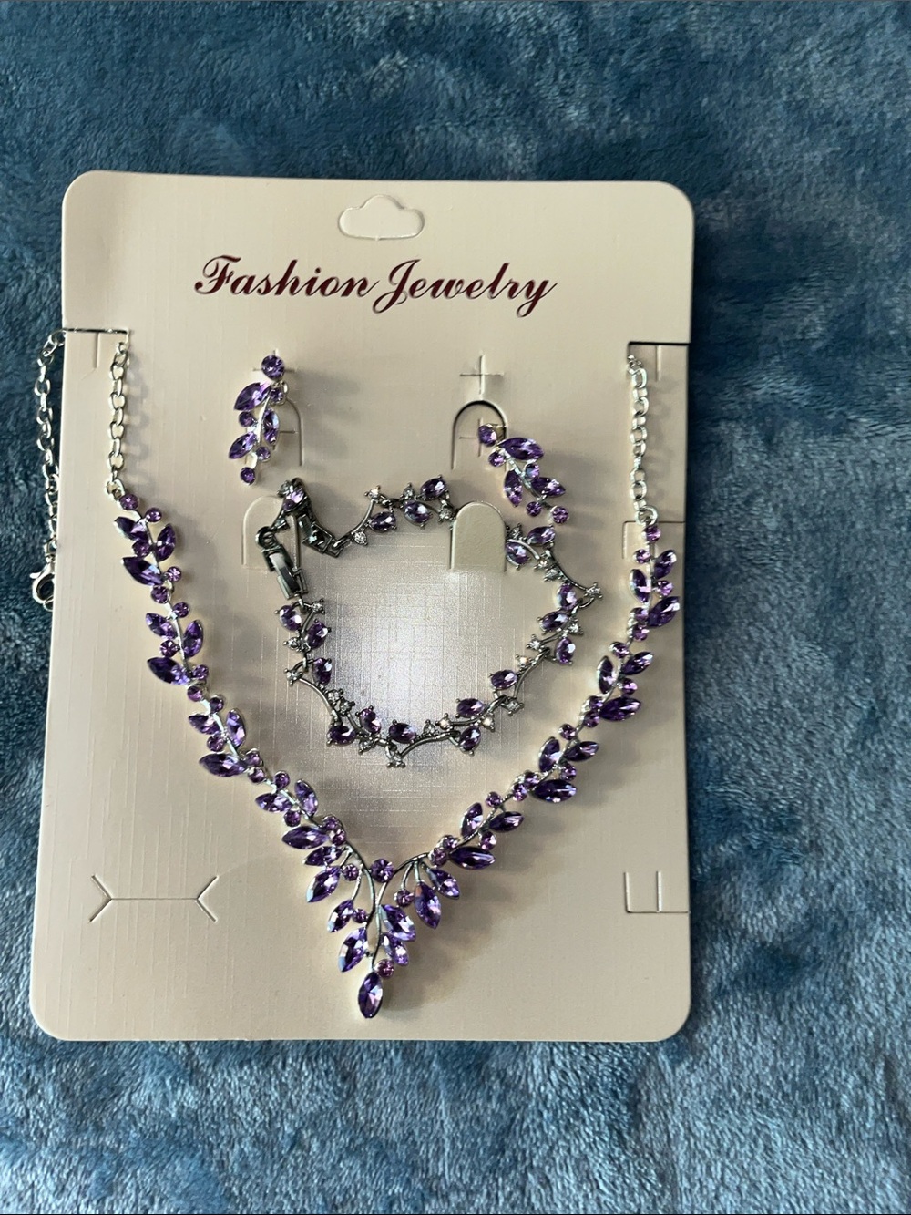 Fashion Jewelry Silver-Tone Necklace, Bracelet & Earrings with Purple Crystals